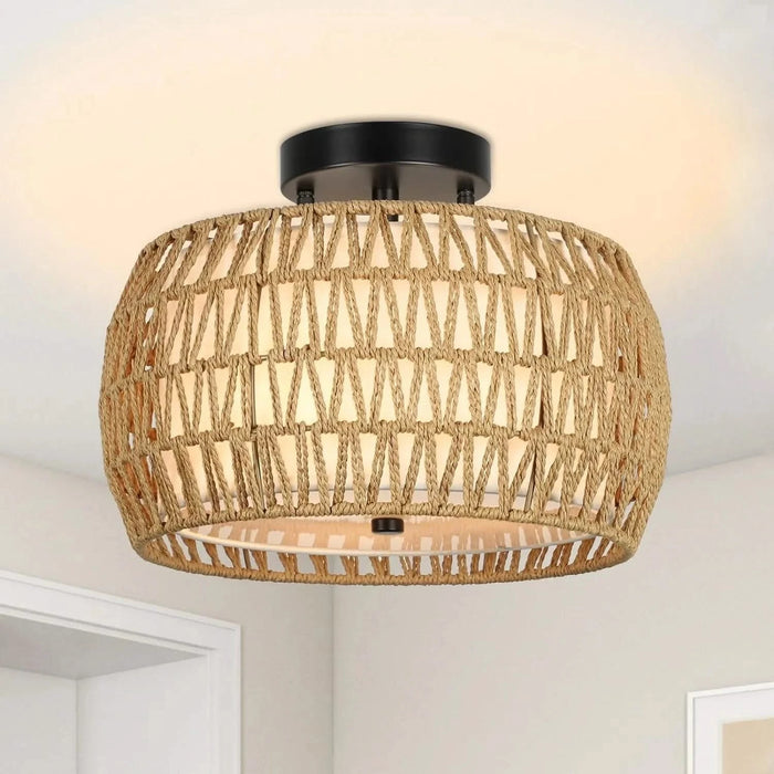 Boho Light Fixtures Ceiling Mount, Rattan Semi Flush Mount Ceiling Light, Farmhouse Light Fixtures with Fabric Shades, Kitchen Close to Ceiling Light Fixtures for Living Room Bedroom Hallway Default -DTYStore