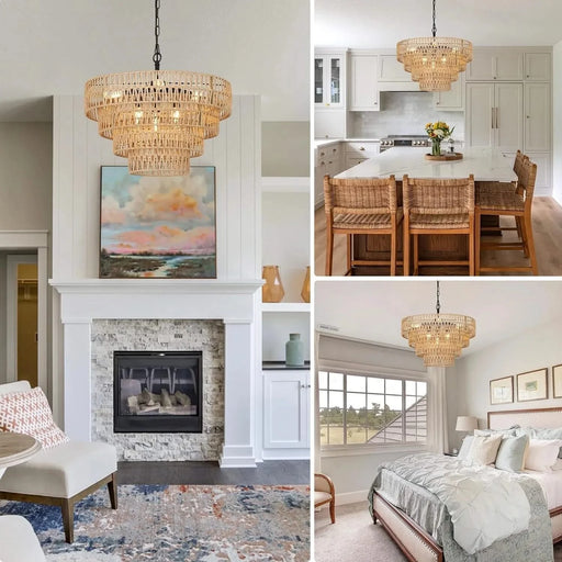 Boho Rattan Chandelier, 6-Light Dining Room Light Fixture, Wicker Pendant Lighting with 4-Tier Woven Lampshade, Large Farmhouse Chandeliers for Dining Room Bedroom Kitchen Living Room(20') Default -DTYStore