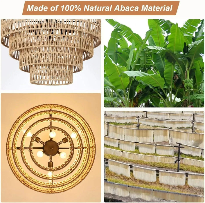Boho Rattan Chandelier, 6-Light Dining Room Light Fixture, Wicker Pendant Lighting with 4-Tier Woven Lampshade, Large Farmhouse Chandeliers for Dining Room Bedroom Kitchen Living Room(20') Default -DTYStore