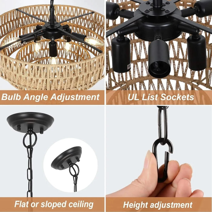 Boho Rattan Chandelier, 6-Light Dining Room Light Fixture, Wicker Pendant Lighting with 4-Tier Woven Lampshade, Large Farmhouse Chandeliers for Dining Room Bedroom Kitchen Living Room(20') Default -DTYStore