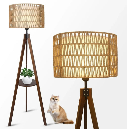 Boho Tripod Floor Lamp with Shelves, Mid Century Wood Standing Lamp with Rattan & Fabric Shades, ON/Off Foot Switch, Modern Farmhouse Tall Floor Lamps for Living Room Bedroom Office Default -DTYStore