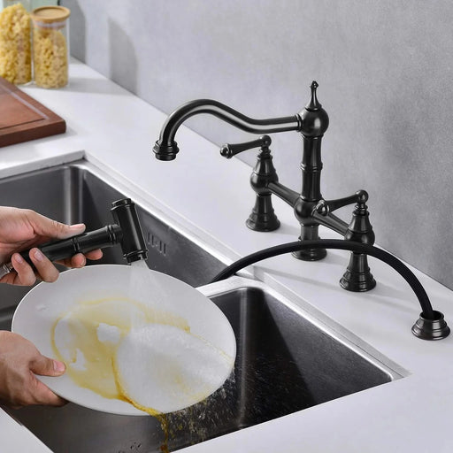 Bridge Dual Handles Kitchen Faucet With Pull-Out Side Spray in Default -DTYStore