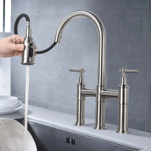 Bridge Kitchen Faucet with Pull-Down Sprayhead in Spot Default -DTYStore