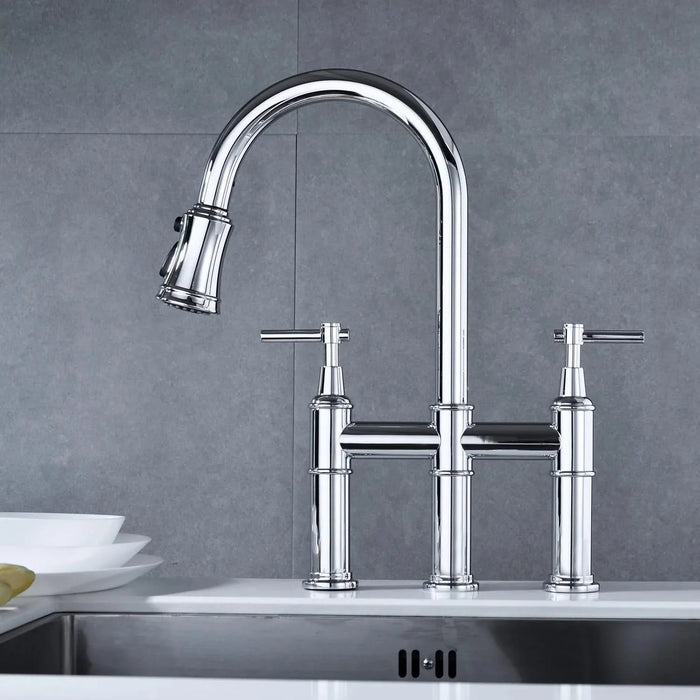 Bridge Kitchen Faucet with Pull-Down Sprayhead in Spot Default -DTYStore