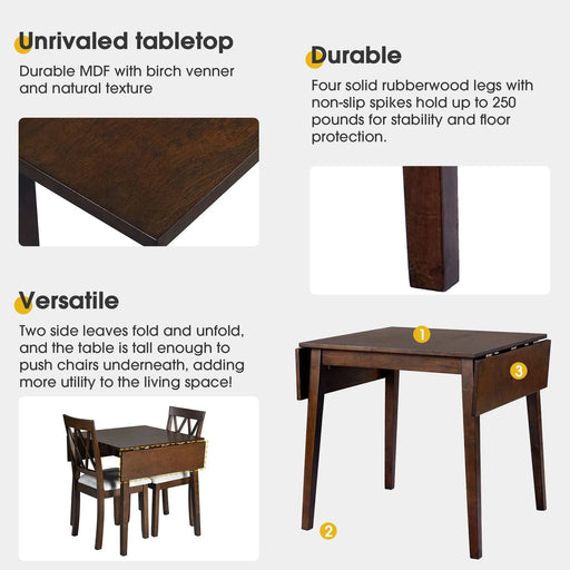 Brown 3 Piece Kitchen Dining Set with Drop Leaf Table and Upholstered Chairs in Solid Wood and MDF Default -DTYStore