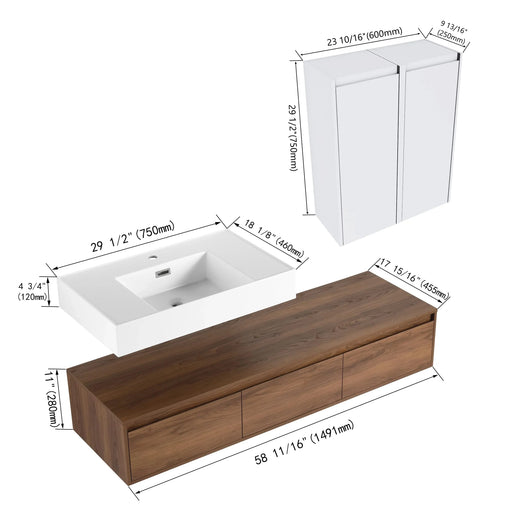 Brown Ebony Wall-Mounted Bathroom Vanity with Resin Sink and 2-Side Cabinet, 3-Soft Close Drawer, Plywood Default -DTYStore