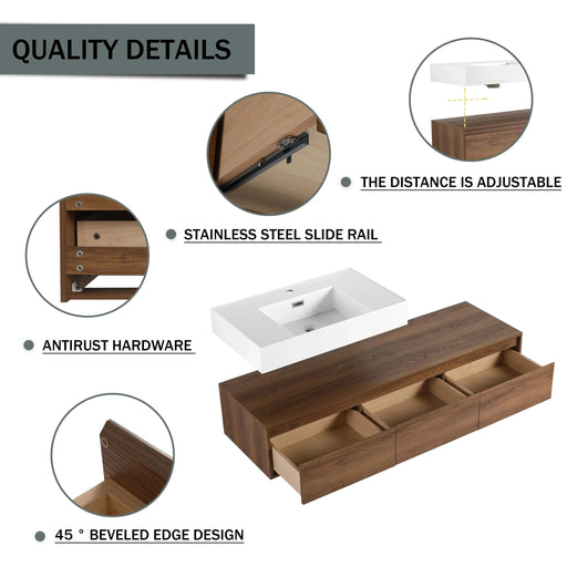 Brown Ebony Wall-Mounted Bathroom Vanity with Resin Sink and 2-Side Cabinet, 3-Soft Close Drawer, Plywood Default -DTYStore