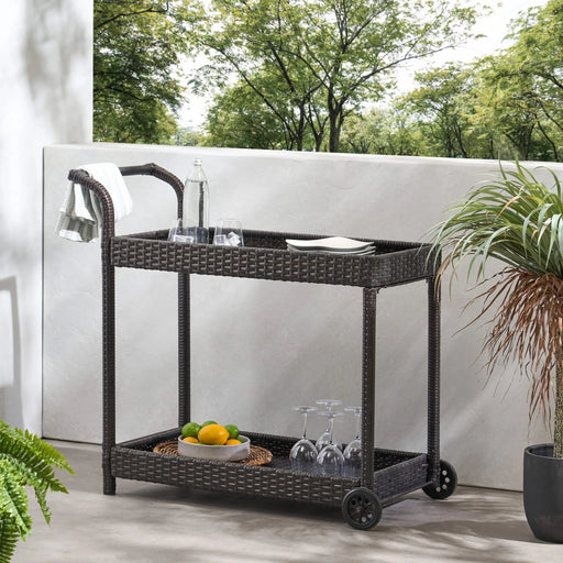 Brown Resin Wicker Bar Cart with Metal Frame Default -DTYStore