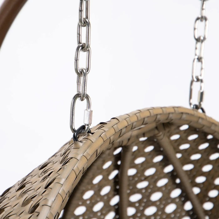 Brown Wicker Hanging Double-Seat Swing Chair with Stand w/Beige Cushion Default -DTYStore