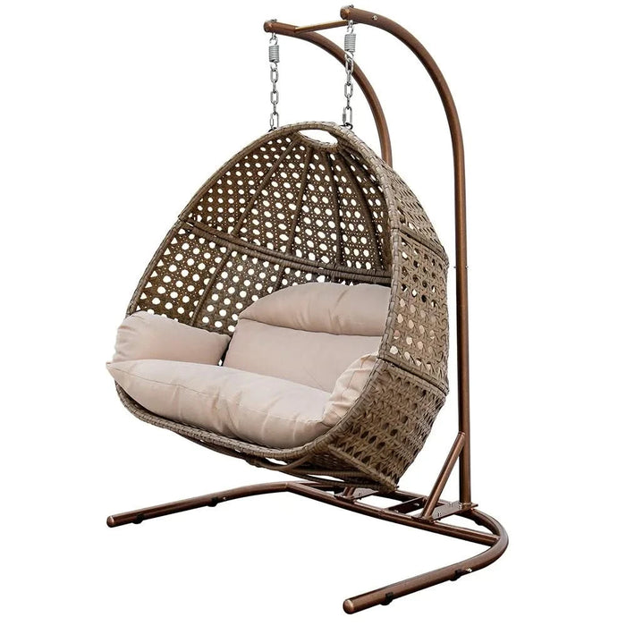 Brown Wicker Hanging Double-Seat Swing Chair with Stand w/Beige Cushion Default -DTYStore