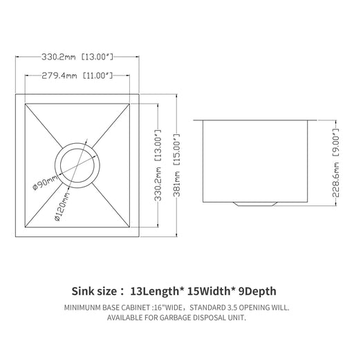 Brushed Nickel 13 Inch Undermount Stainless Steel Kitchen Sink 16 Gauge 9 Inch Deep Single Bowl Basin Default -DTYStore