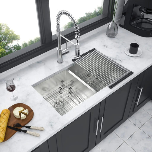 Brushed Nickel 16 Gauge Stainless Steel Undermount Double Bowl Kitchen Sink 32x18 inch with 9 Inch Deep Bowls Default -DTYStore