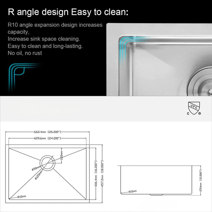 Brushed Nickel 26 Inch Undermount Stainless Steel Kitchen Sink 16 Gauge, 10 Inch Deep Single Bowl - DTY Store