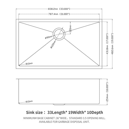 Brushed Nickel 33 Inch Undermount Stainless Steel Kitchen Sink - Single Bowl 16 Gauge, 10 Inch Deep Basin Default -DTYStore