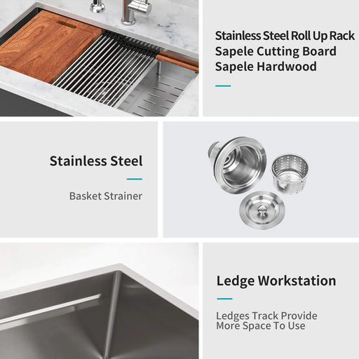 Brushed Nickel 33' Undermount Kitchen Sink - Single Bowl Ledge Workstation in 16 Gauge Stainless Steel Default -DTYStore