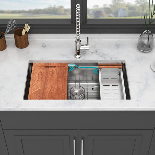 Brushed Nickel 33' Undermount Kitchen Sink - Single Bowl Ledge Workstation in 16 Gauge Stainless Steel Default -DTYStore