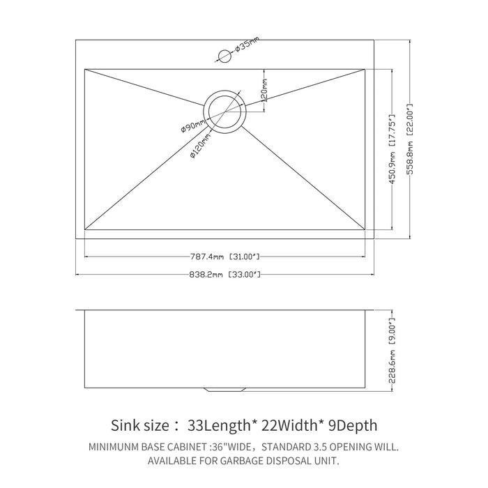 Brushed Nickel 33 x 22 Inch Kitchen Sink Drop In 16 Gauge Stainless Steel Single Bowl Topmount Basin Default -DTYStore