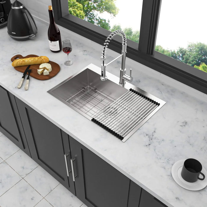 Brushed Nickel 33 x 22 Inch Kitchen Sink Drop In 16 Gauge Stainless Steel Single Bowl Topmount Basin Default -DTYStore