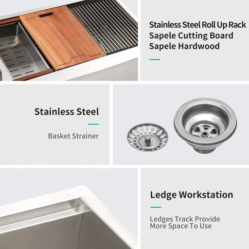 Brushed Nickel Double Bowl Farmhouse Sink Workstation 33 Inch Stainless Steel 16 Gauge Apron Front Default -DTYStore