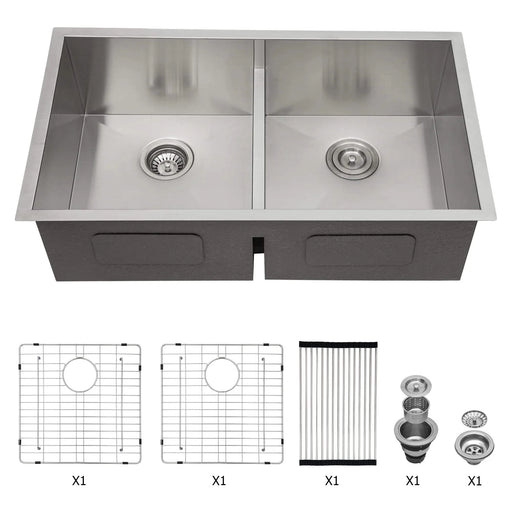 Brushed Nickel Double Bowl Undermount Kitchen Sink 33'x19' with 16 Gauge Stainless Steel and Deep Basins Default -DTYStore