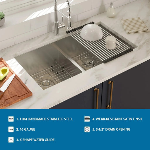 Brushed Nickel Double Bowl Undermount Kitchen Sink 33'x19' with 16 Gauge Stainless Steel and Deep Basins Default -DTYStore