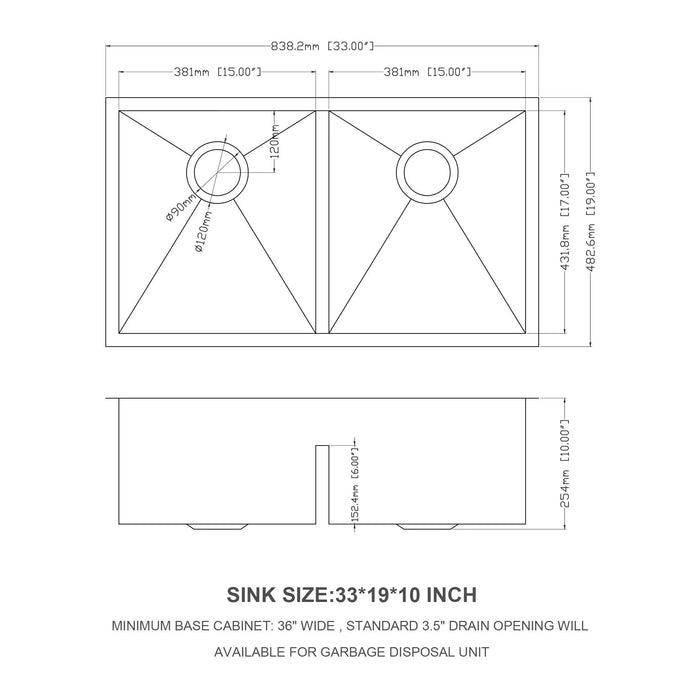 Brushed Nickel Double Bowl Undermount Kitchen Sink 33'x19' with 16 Gauge Stainless Steel and Deep Basins Default -DTYStore