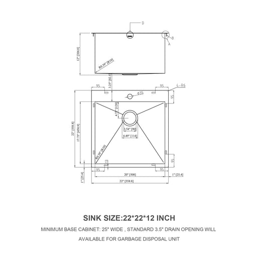 Brushed Nickel Laundry Sink - 22' x 22' Topmount Utility Sink 16 Gauge Stainless Steel 12 Inch Deep Single Bowl Default -DTYStore