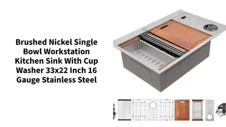 Brushed Nickel Single Bowl Workstation Kitchen Sink with Cup Washer 33x22 inch 16 Gauge Stainless Steel Default -DTYStore