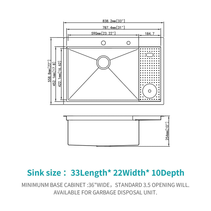 Brushed Nickel Single Bowl Workstation Kitchen Sink with Cup Washer 33x22 inch 16 Gauge Stainless Steel Default -DTYStore