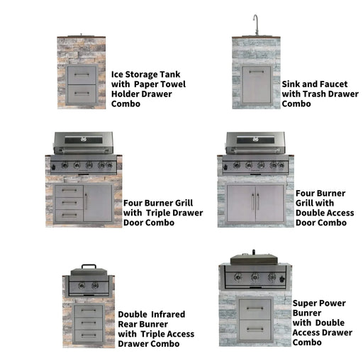 Built-in Outdoor Kitchen 32 inch LPG Gas Grill 60000 BTU Stainless Steel Four burners Grill with Infrared Rear Bunrer and Door and Drawer Combo and Drop in Stainless Steel 304# Sink with BBQ Tool Set-DTYStore