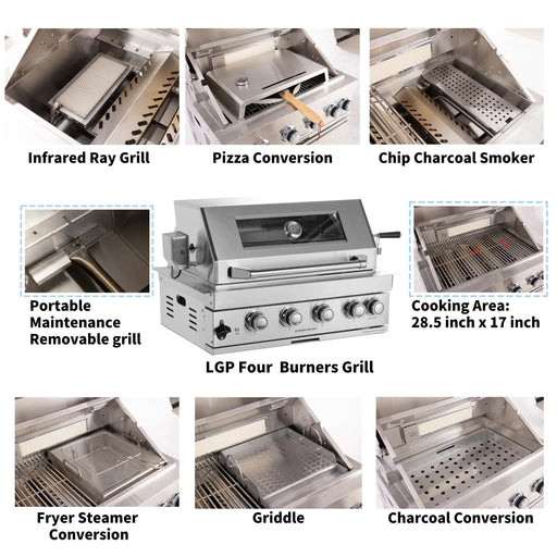 Built-in Outdoor Kitchen 32 inch LPG Gas Grill 60000 BTU Stainless Steel Four burners Grill with Infrared Rear Bunrer and Door and Drawer Combo and Drop in Stainless Steel 304# Sink with BBQ Tool Set-DTYStore