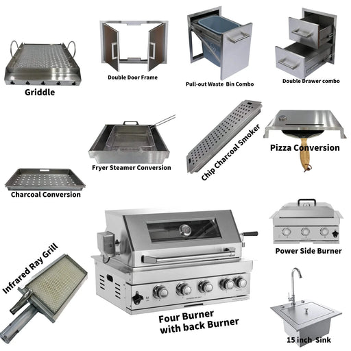 Built-in Outdoor Kitchen 32 inch LPG Gas Grill 60000 BTU Stainless Steel Four burners Grill with Infrared Rear Bunrer and Door and Drawer Combo and Drop in Stainless Steel 304# Sink with BBQ Tool Set-DTYStore