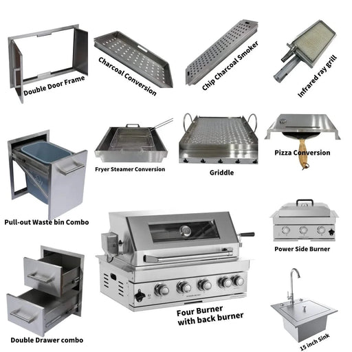 Built-in Outdoor Kitchen 32 inch LPG Gas Grill 60000 BTU Stainless Steel Four burners Grill with Infrared Rear Bunrer and Door and Drawer Combo and Drop in Stainless Steel 304# Sink with BBQ Tool Set-DTYStore