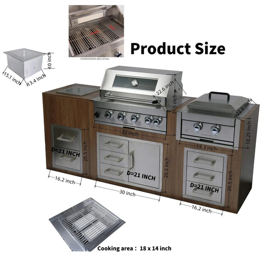 Built-in Outdoor Kitchen 32 inch LPG Gas Grill 60000 BTU Stainless Steel Four burners Grill with Infrared Rear Bunrer and Door and Drawer Combo and Drop in Stainless Steel ICE BOX with BBQ Tool Set Default -DTYStore