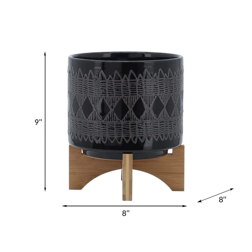 CERAMIC 8' AZTEC PLANTER ON WOODEN STAND, BLACK Default -DTYStore