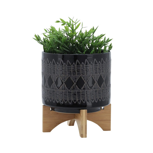 CERAMIC 8' AZTEC PLANTER ON WOODEN STAND, BLACK Default -DTYStore