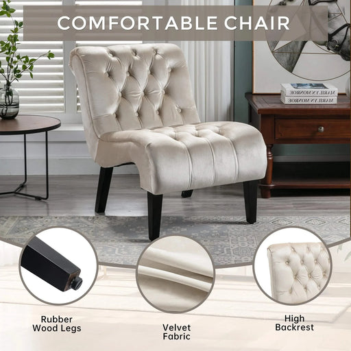 COOLMORE Modern Velvet Armless Accent Living Room Chair, Upholstered Button Comfortable Beige -DTYStore
