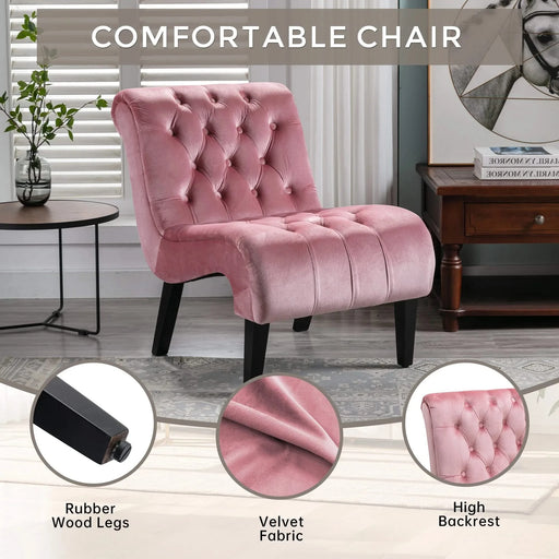 COOLMORE Modern Velvet Armless Accent Living Room Chair, Upholstered Button Comfortable Pink -DTYStore