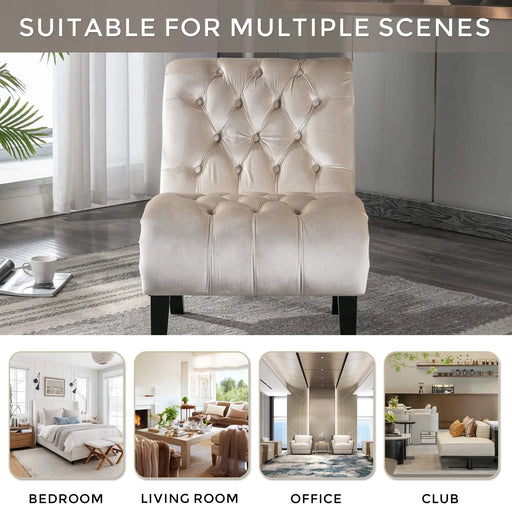 COOLMORE Modern Velvet Armless Accent Living Room Chair, Upholstered Button Comfortable Beige -DTYStore