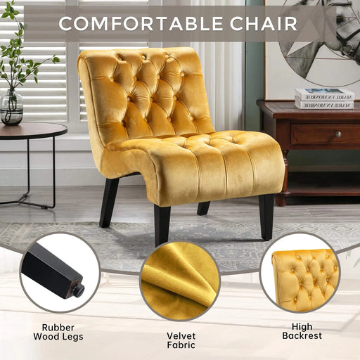 COOLMORE Modern Velvet Armless Accent Living Room Chair, Upholstered Button Comfortable Mustard -DTYStore