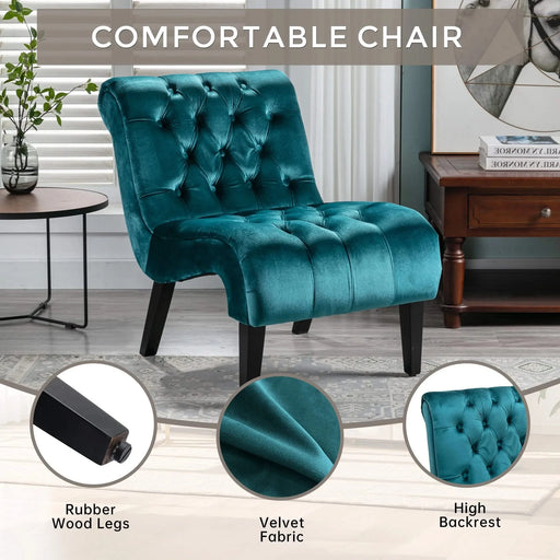 COOLMORE Modern Velvet Armless Accent Living Room Chair, Upholstered Button Comfortable Teal -DTYStore