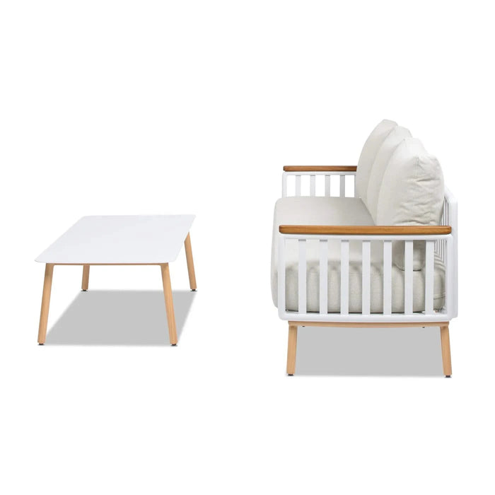 Calarono 2pc Teak & Aluminium Outdoor Sofa and Coffee Table Patio Set Sand Dune Chenille Default -DTYStore