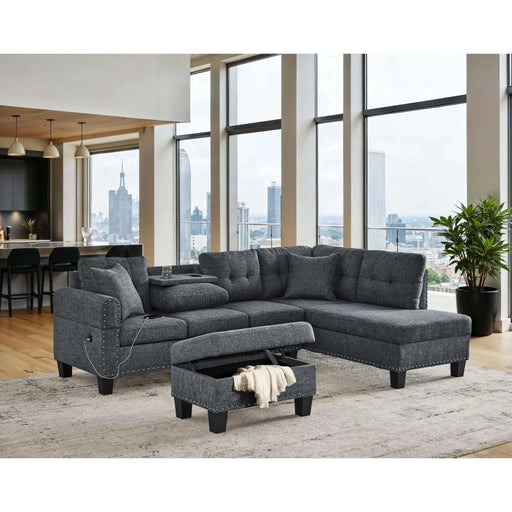 Camden Power Sectional Sofa with Storage Ottoman and Built-In Charging Ports in Gray Polyester Default -DTYStore