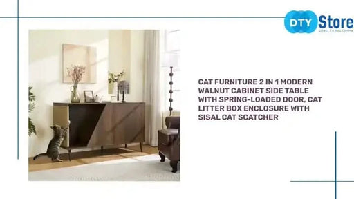 Cat Furniture 2 IN 1 Modern Walnut Cabinet Side Table With Spring-Loaded Door, Cat Litter Box Enclosure with Sisal Cat Scatcher Default -DTYStore