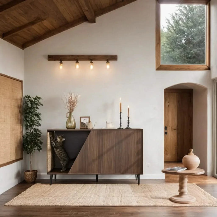 Cat Furniture 2 IN 1 Modern Walnut Cabinet Side Table With Spring-Loaded Door, Cat Litter Box Enclosure with Sisal Cat Scatcher Default -DTYStore