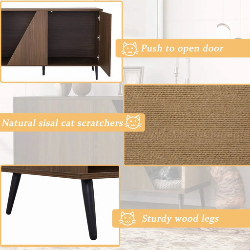 Cat Furniture 2 IN 1 Modern Walnut Cabinet Side Table With Spring-Loaded Door, Cat Litter Box Enclosure with Sisal Cat Scatcher Default -DTYStore
