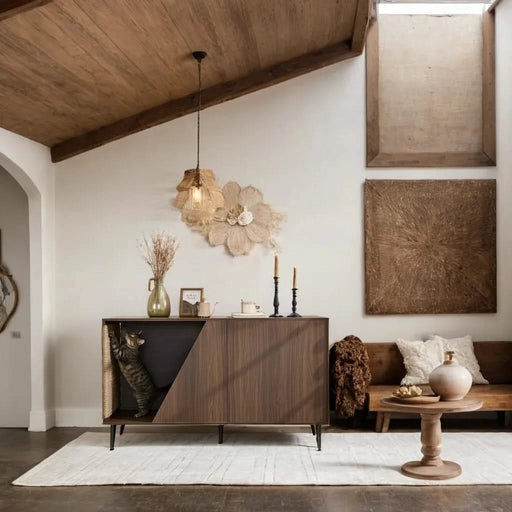 Cat Furniture 2 IN 1 Modern Walnut Cabinet Side Table With Spring-Loaded Door, Cat Litter Box Enclosure with Sisal Cat Scatcher Default -DTYStore