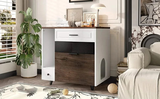 Cat Litter Box Enclosure, Indoor Hidden Cat Litter Box Furniture with 2 Drawers and Door, Cat House End Table for Living room, White and Brown Default -DTYStore