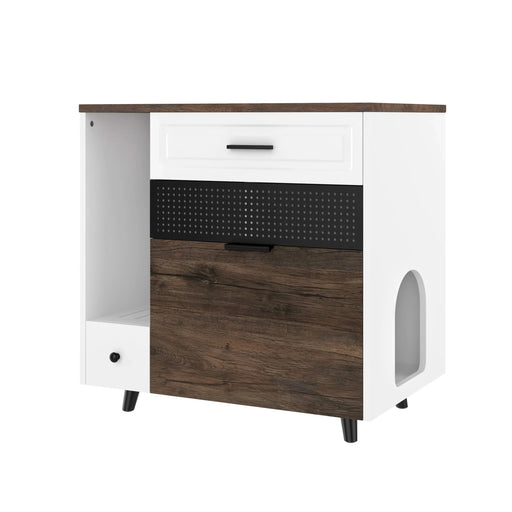 Cat Litter Box Enclosure, Indoor Hidden Cat Litter Box Furniture with 2 Drawers and Door, Cat House End Table for Living room, White and Brown Default -DTYStore