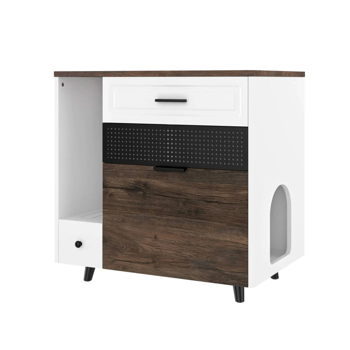 Cat Litter Box Enclosure, Indoor Hidden Cat Litter Box Furniture with 2 Drawers and Door, Cat House End Table for Living room, White and Brown Default -DTYStore